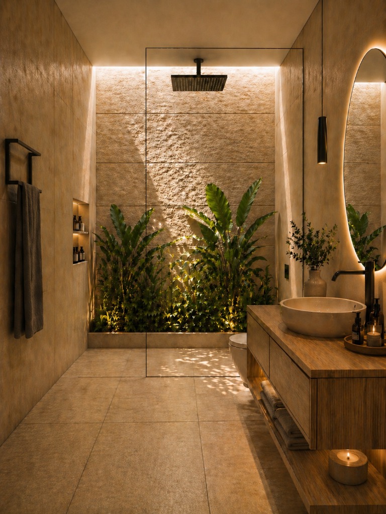Baño moderno con vegetación natural en casa campestre Condominio Arrayanes Cundinamarca